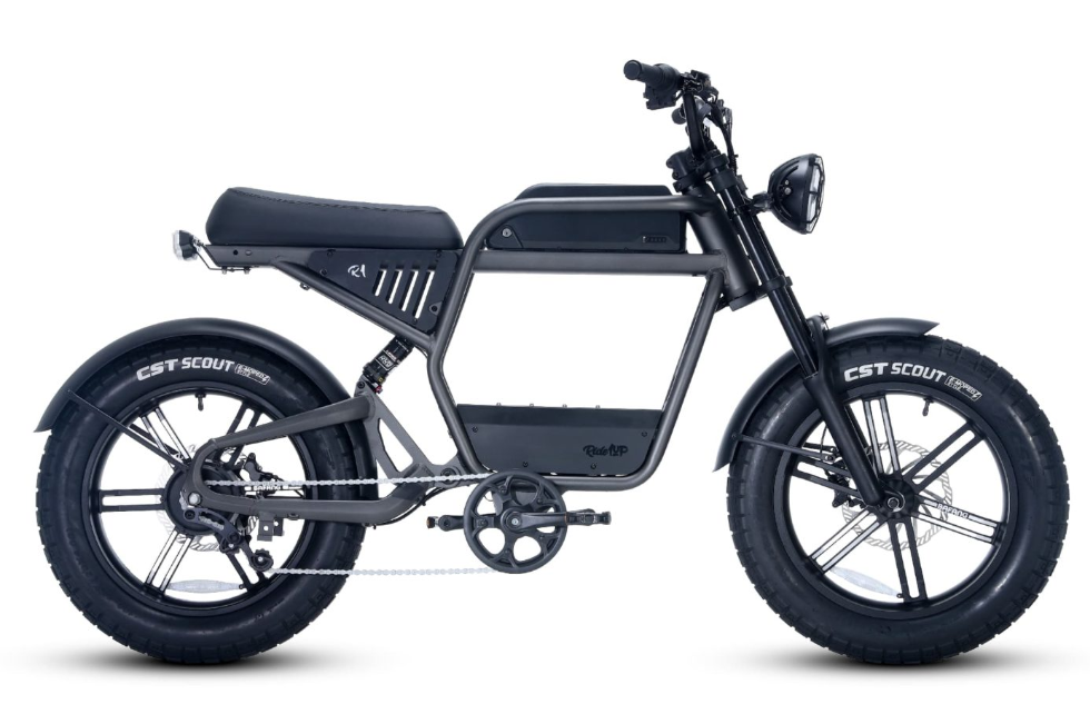 A black motorcycle with a seat and tire Description automatically generated