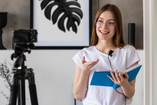 A woman, an educational influencer, holds a notebook while standing in front of a camera, ready to share knowledge.