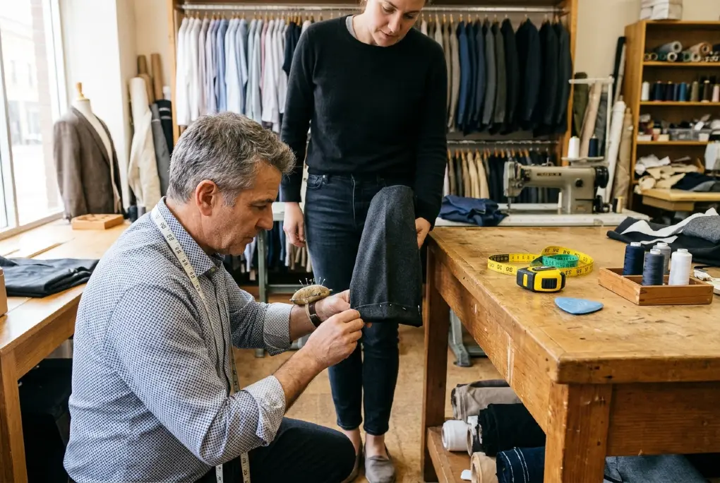ailor pinning a trouser hem during a fitting in a local alterations shop
