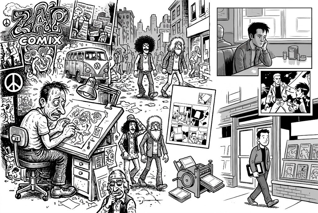 Illustrated 1960s head shop counter displaying stacks of black-and-white underground comic books