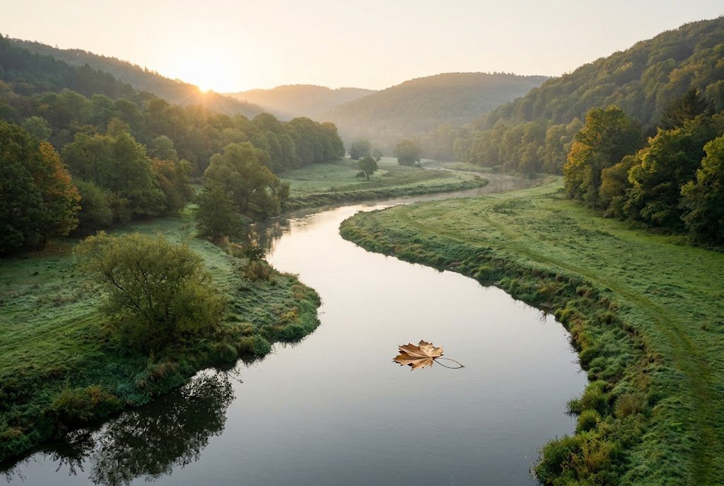 A single leaf floating along a calm river through a green valley in morning light