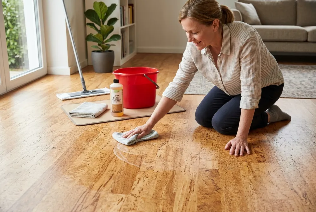 Flat microfiber mop cleaning a finished cork floor beside a spray bottle in a sunlit living room