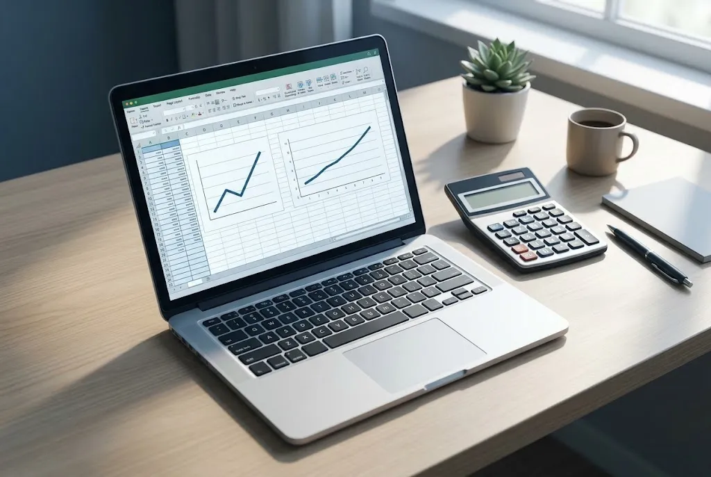 Spreadsheet comparing two investments’ growth over different time periods next to a calculator