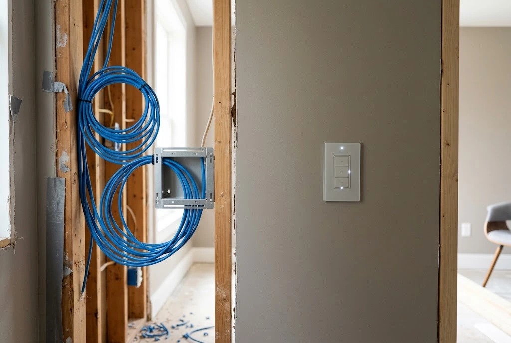 Network cables run through open wall studs during a home renovation next to a smart light switch Category: Home Improvements