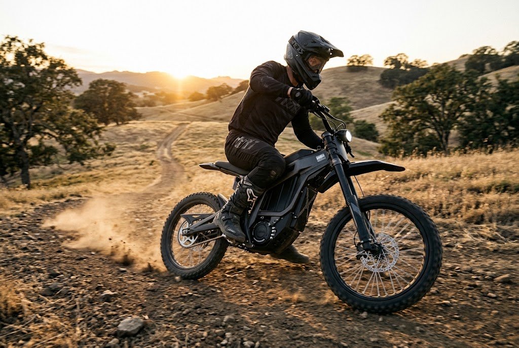 Talaria X3 electric dirt bike parked on a dirt trail, side view